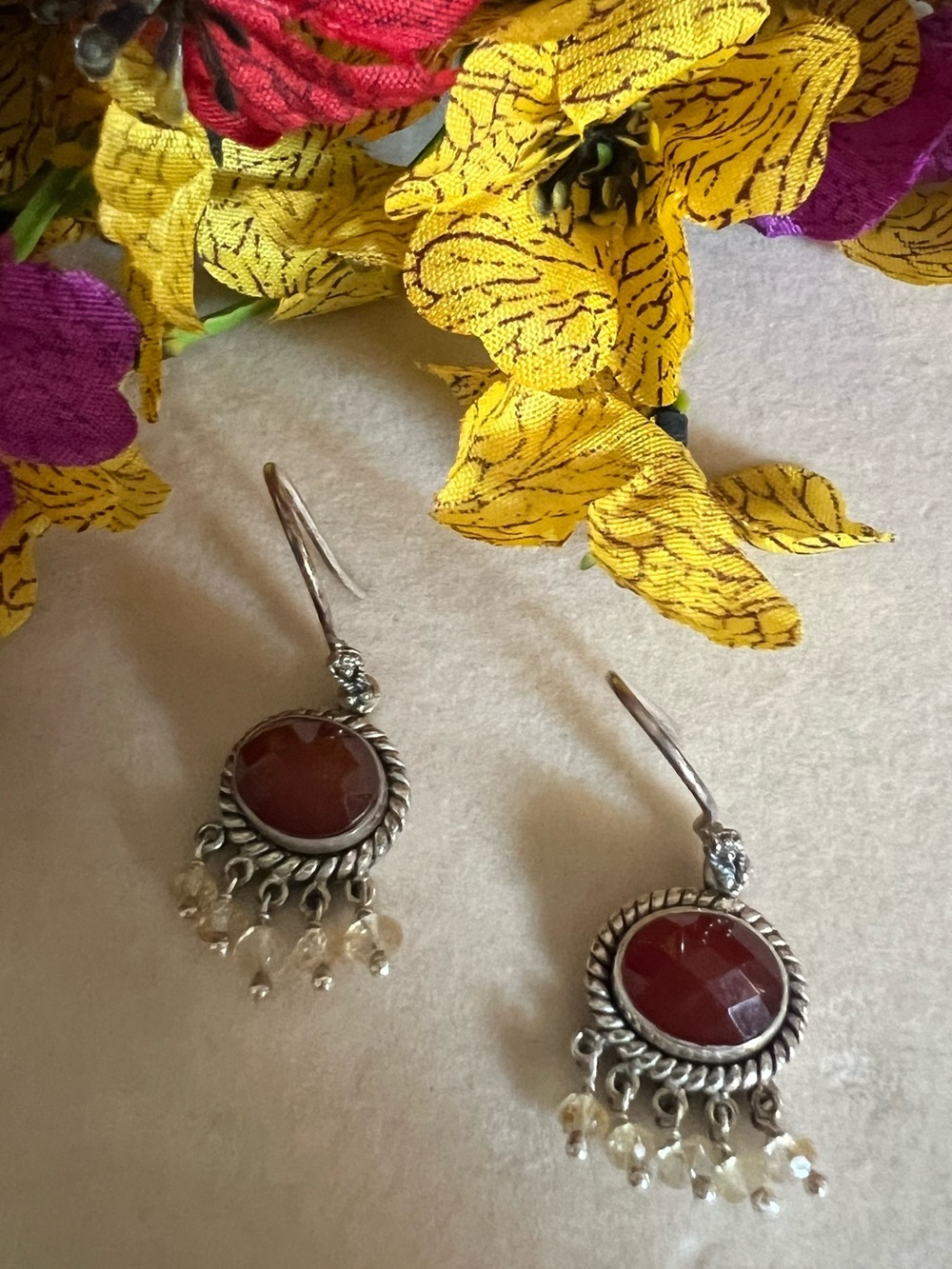 Sterling Silver Red Carnelian Dangle Earrings with Citrine Bead Fringe - Picture 3 of 5